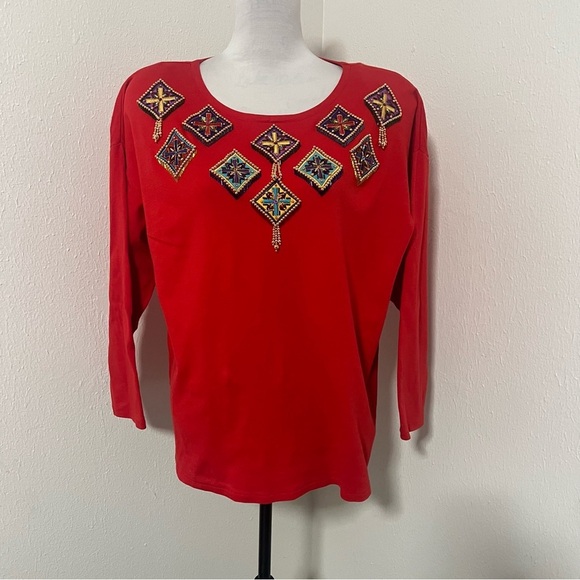 Vintage IB DIFFUSION Artsy Red Large Women Scoop Neck Blouse Embellished Cotton - Picture 1 of 10